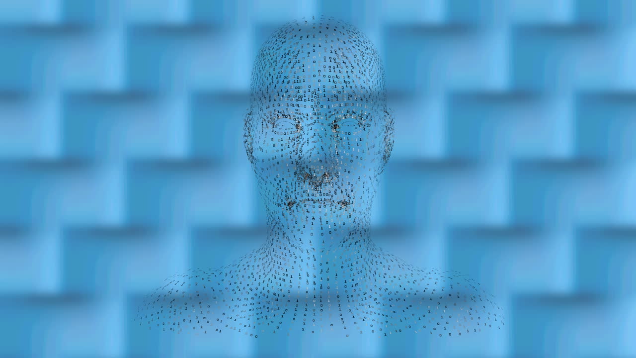 Digital animation of human face model spinning against textured pattern on blue background
