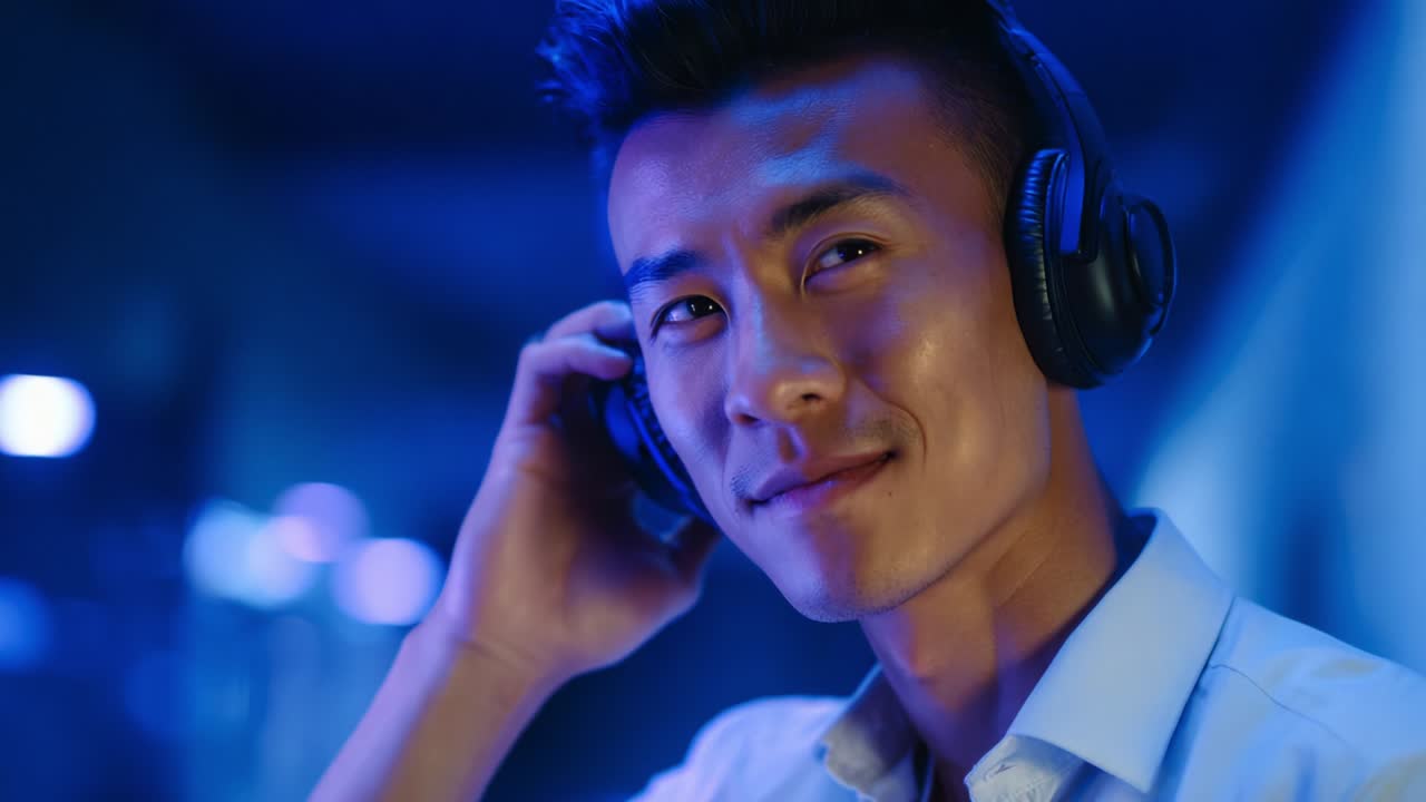 A confident young man wearing headphones smiles in a dimly lit environment, showcasing his engagement with music or sound. The blue hues enhance the modern and dynamic atmosphere around him