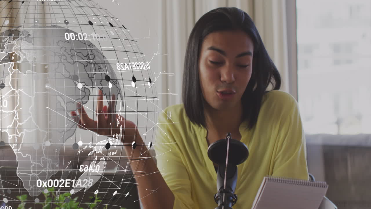 animación de números y globo sobre mujer biracial en un vlog de maquillaje