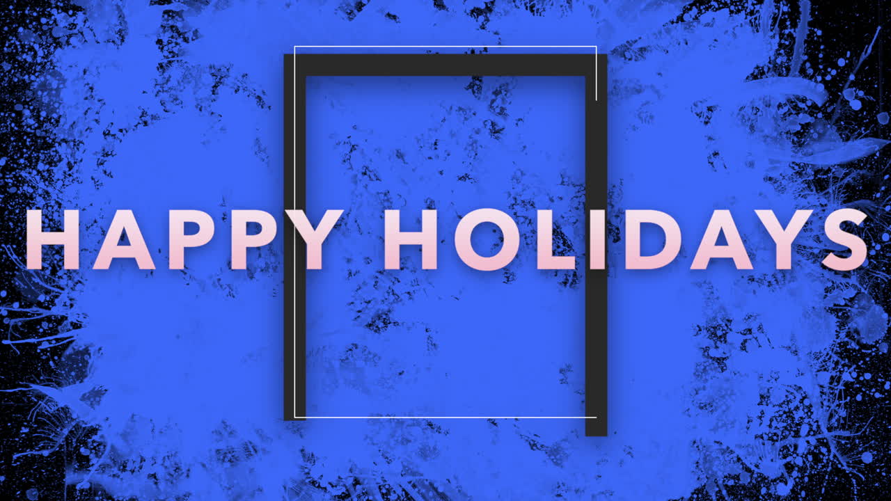 파란색 스플래시가 프레임 된 행복한 휴일 텍스트를 점차적으로 강조합니다.