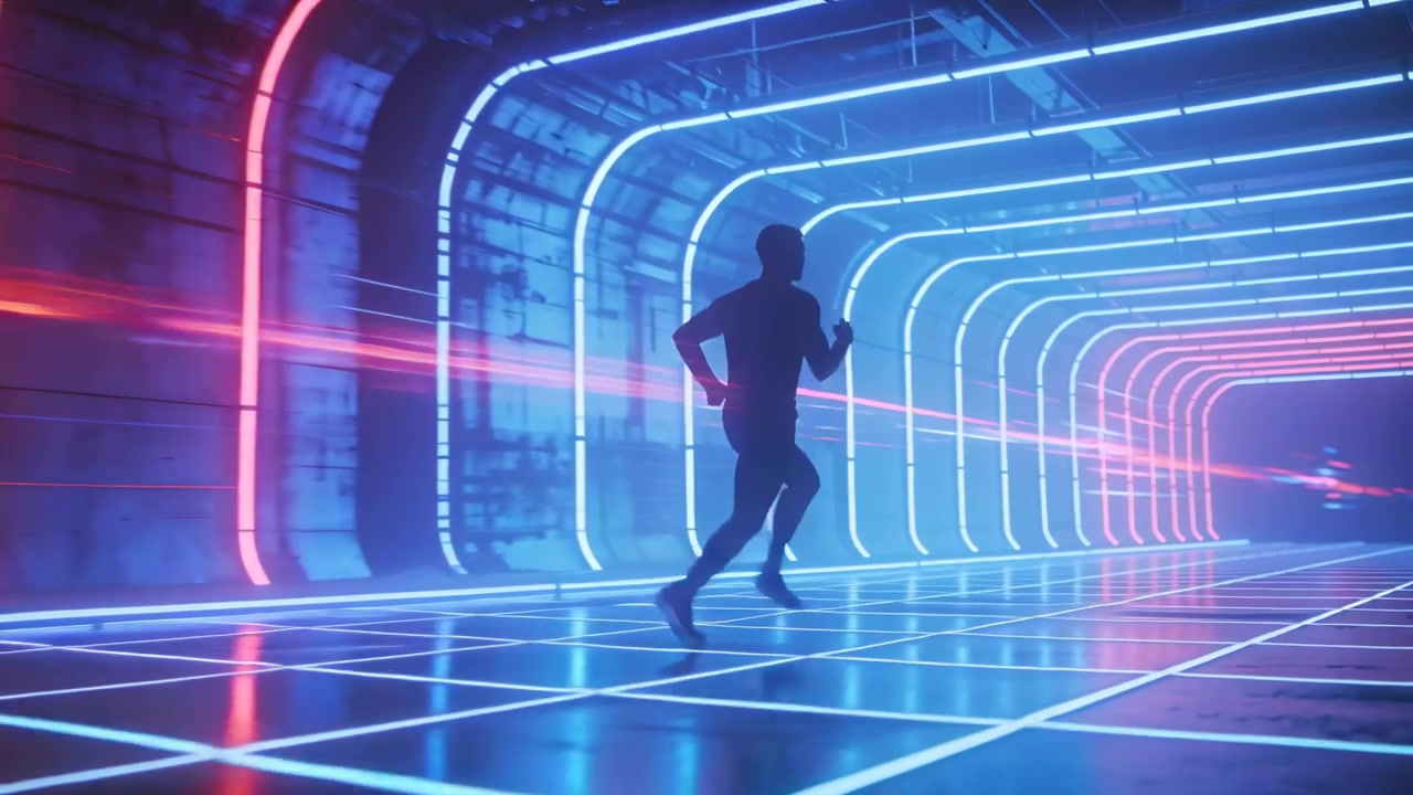 Un corridore che parte dal lato sinistro dell'inquadratura, si dirige attraverso archi al neon, indossando scarpe da ginnastica.