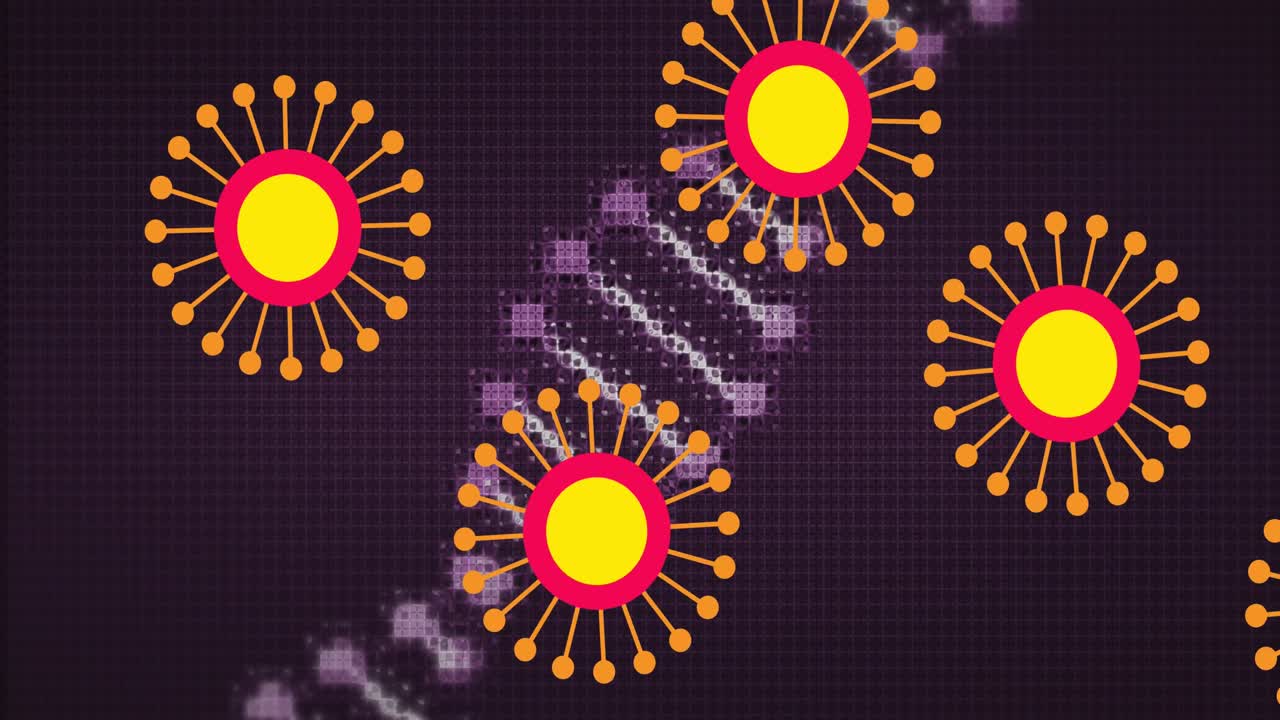 animación de cadenas de adn girando y cayendo células de covid-19 sobre un fondo oscuro
