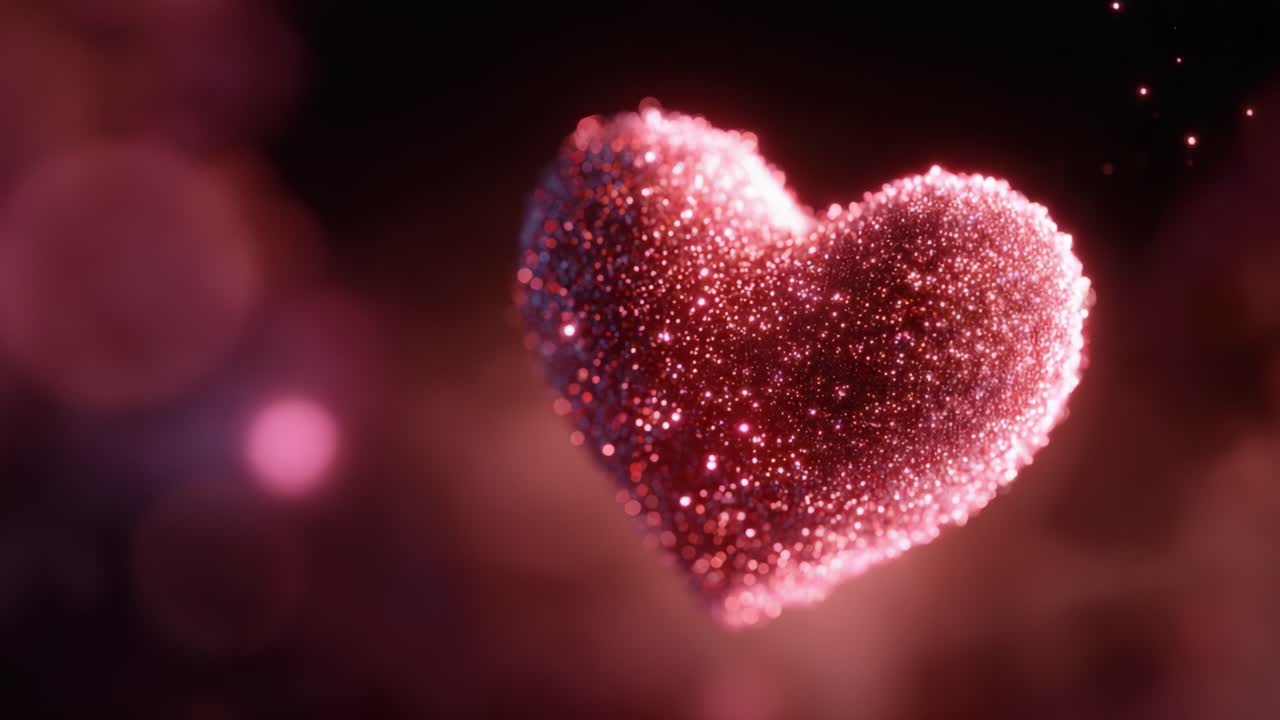 Una splendida animazione digitale di un cuore scintillante con particelle luccicanti in un'atmosfera da sogno, che mette in mostra colori vivaci e un senso di amore e gioia