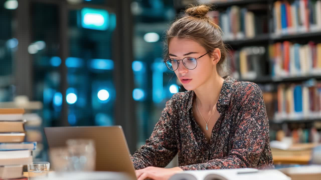 Focused Student Engaged in Research at a Cozy Library, Utilizing Laptop Surrounded by Books and Warm Ambient Lighting for Effective Learning