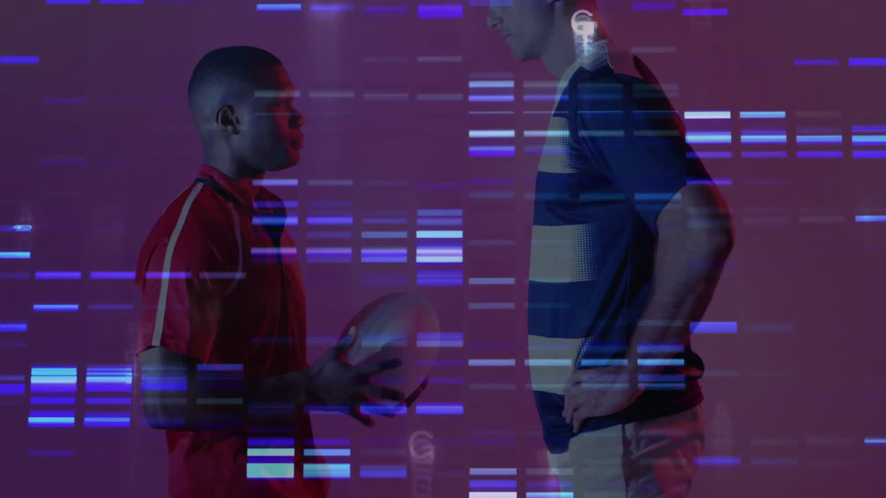 Men standing in studio, displaying digital code streaks over sports ball for sports analytics