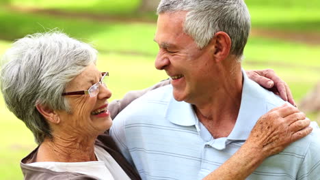 una pareja jubilada en el parque sonriéndose el uno al otro.