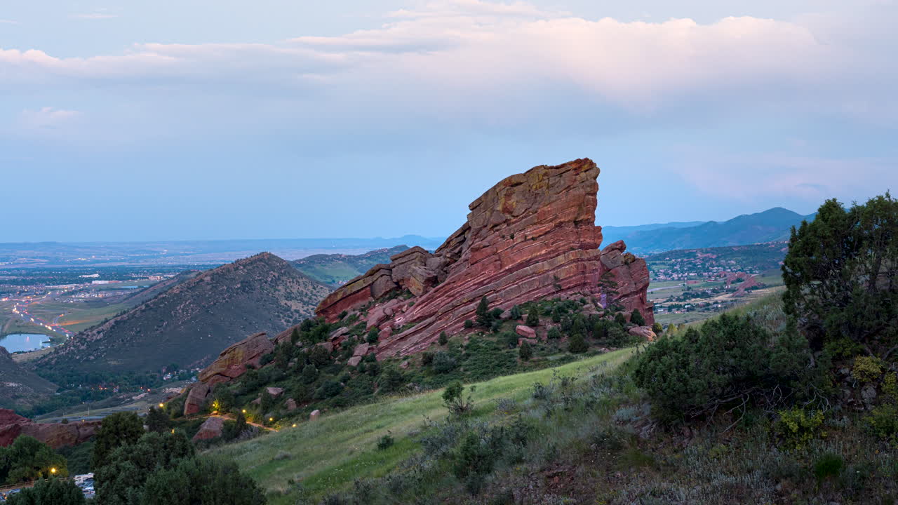 Twilight motion timelapse of scenic landscape at Red Rocks Park and amphitheater