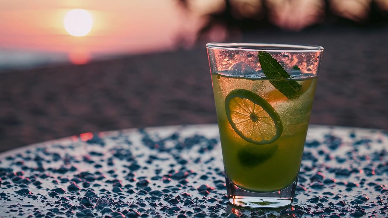 Cocktail rinfrescante al lime e menta su un tavolo al tramonto
