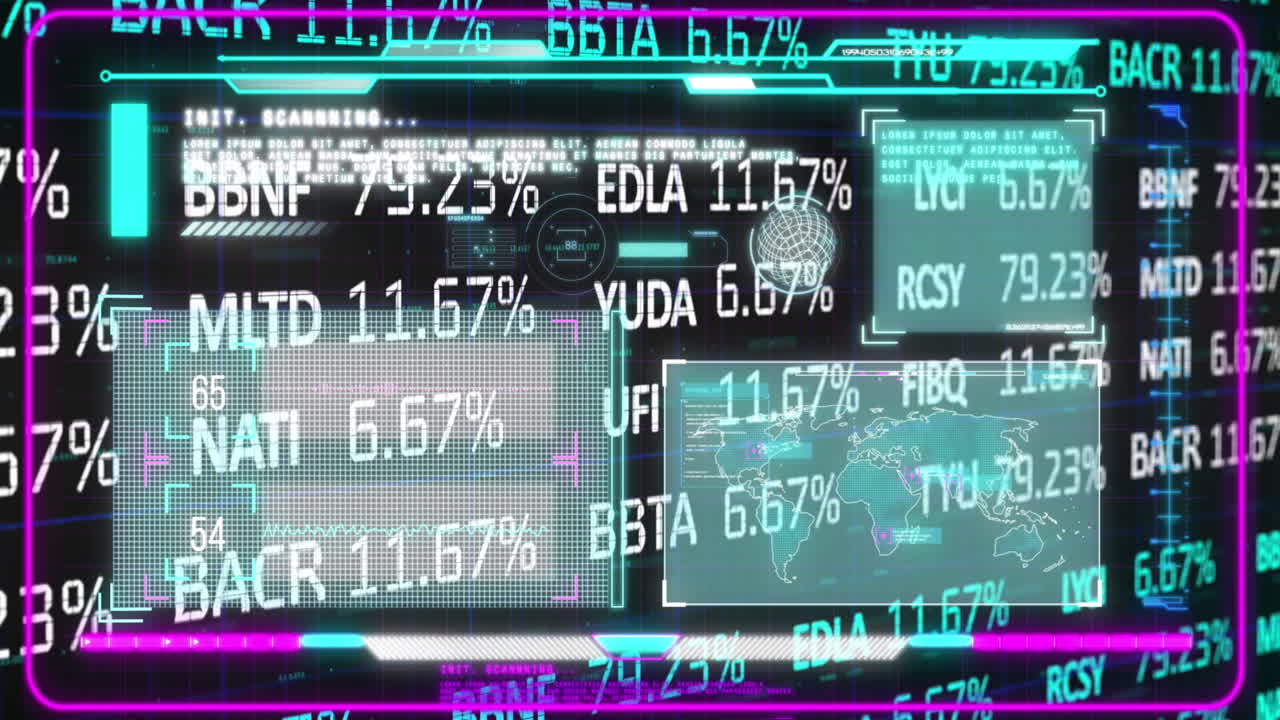 검은색 배경에 대한 인포그래픽 인터페이스를 통해 거래 보드의 애니메이션