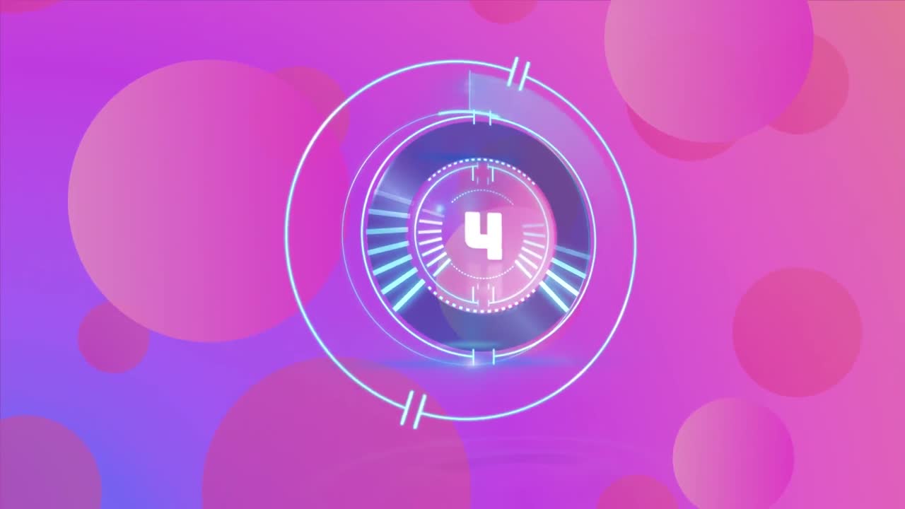 Animation of countdown from 10 to 0 in loading circles over circles against purple background