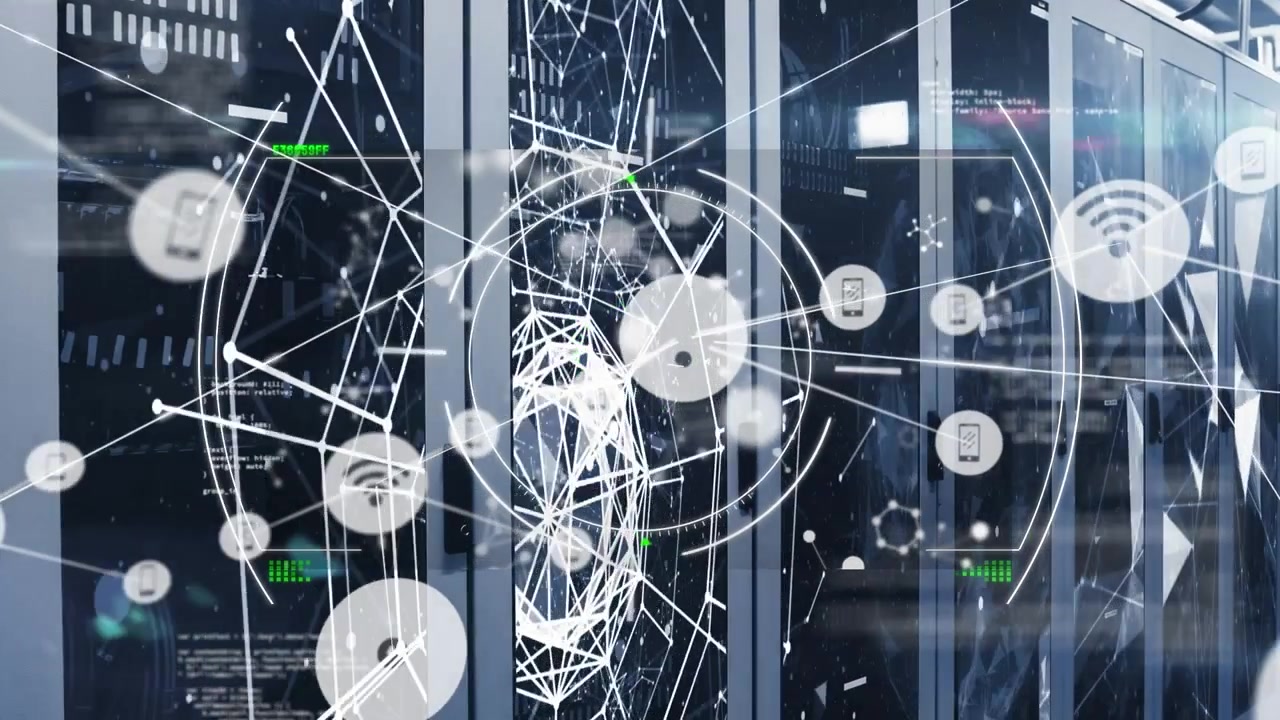 Animation of circles, globe lens flare and connected icons against server room in background
