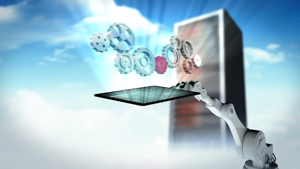 video generado digitalmente de un brazo robótico blanco sosteniendo una tableta digital con engranaje de máquina