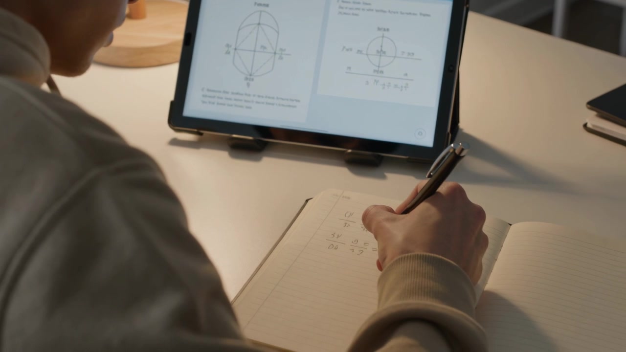 Using tablet, teen solving ellipse problem in notes with pen at home, hoodie, glasses, copy space