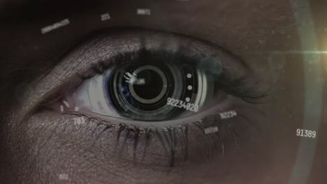 animation of scientific data processing over eye of caucasian woman