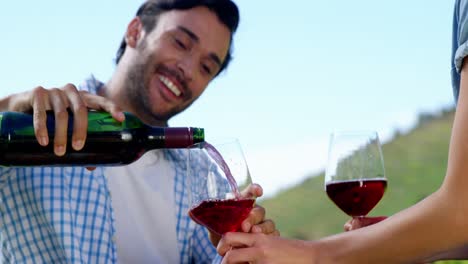 hombre sirviendo vino tinto a una mujer en la granja