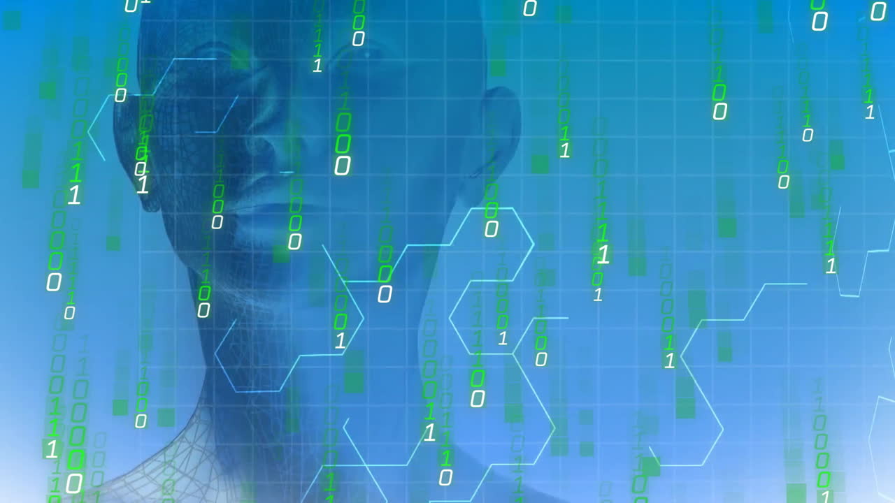 animación de codificación binaria y procesamiento de datos digitales sobre la cabeza humana