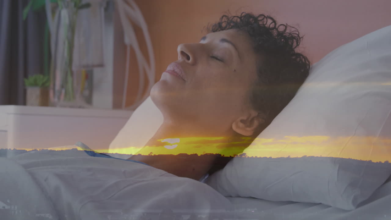 Resting peacefully, woman in hospital bed with serene sunset animation background