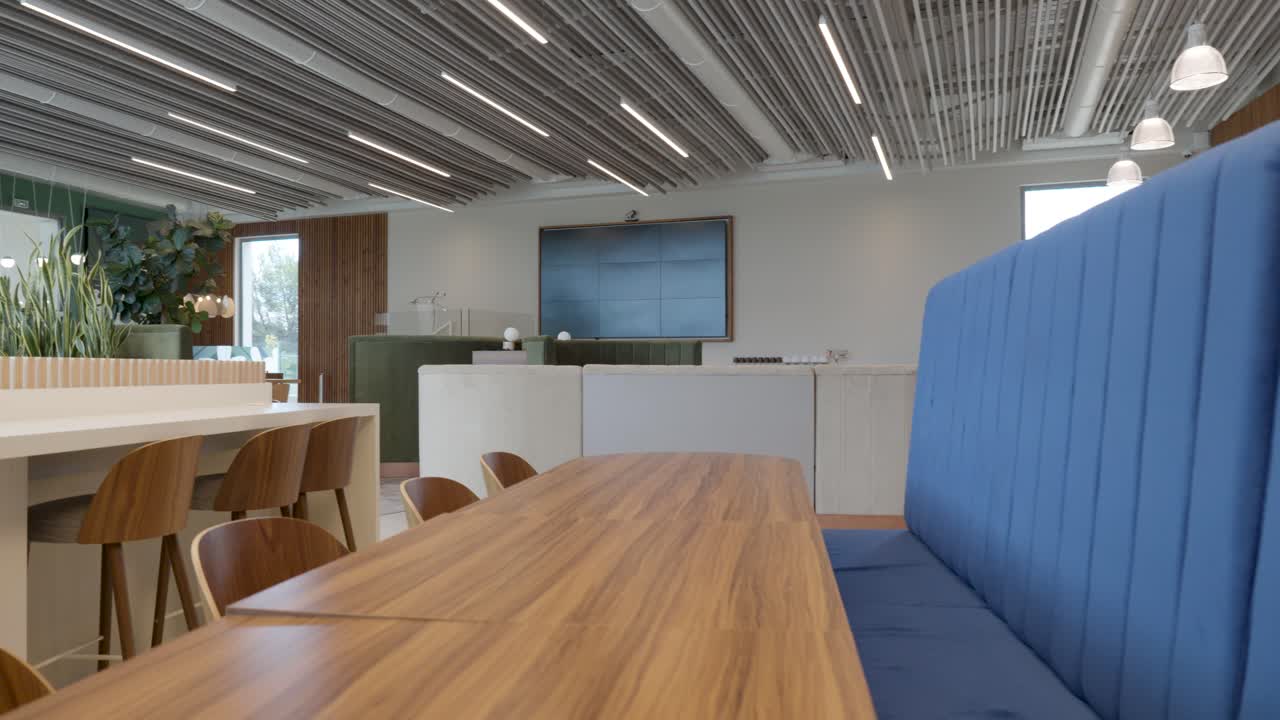 Slow establishing shot of an empty reception area within an office building