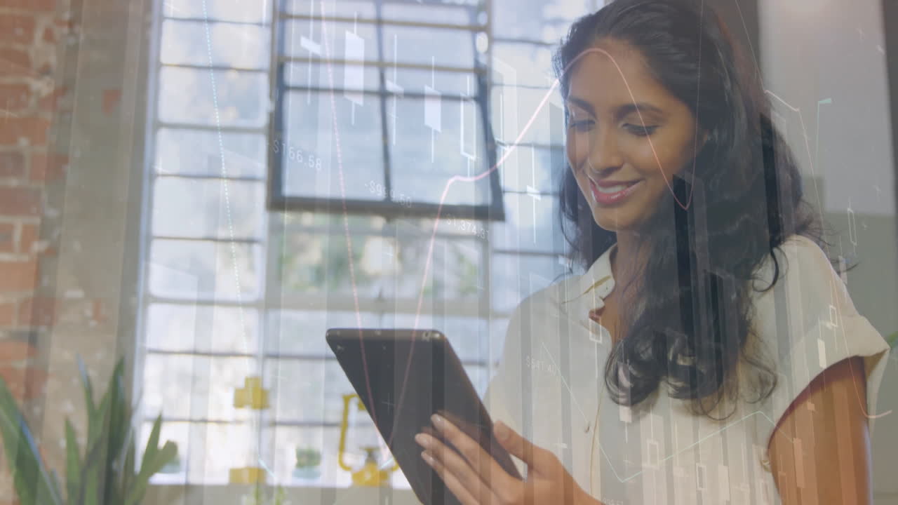 animación de procesamiento de datos y diagramas sobre mujer de negocios biracial usando tableta