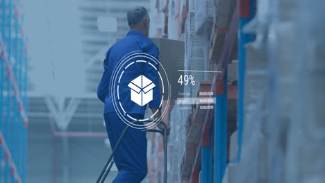 animation of data processing against caucasian male worker climbing to remove a box at warehouse