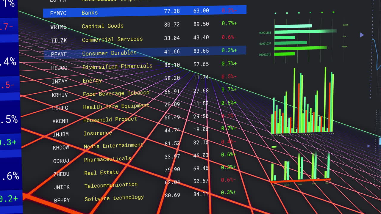 Animation of multiple graphs and trading board on grid pattern against black background
