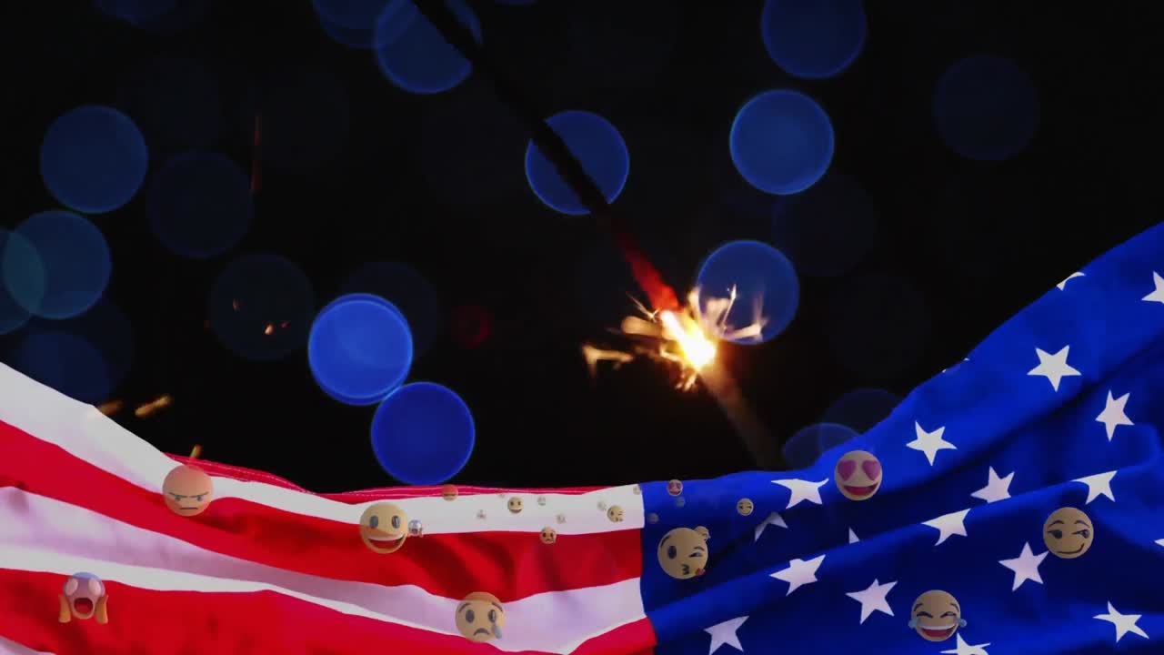 Animation of emoji icons over flag of usa and sparkler