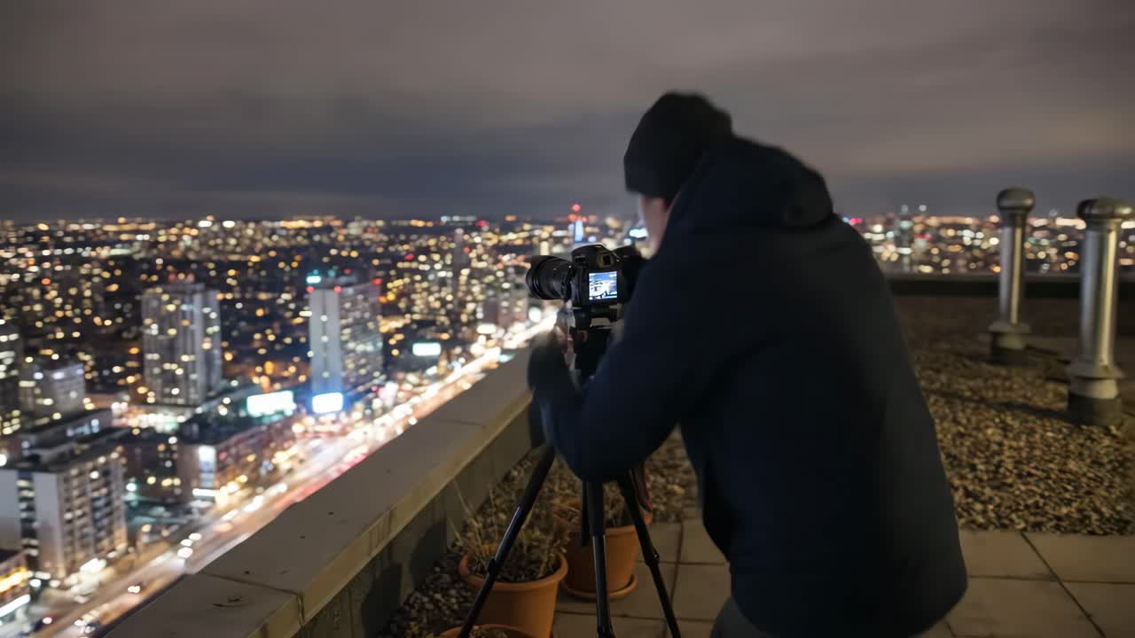 Fotografo che immortala il paesaggio urbano di notte da un tetto