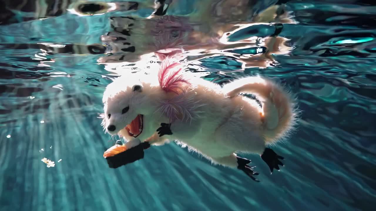 A Plush Rat Underwater Eating Sushi