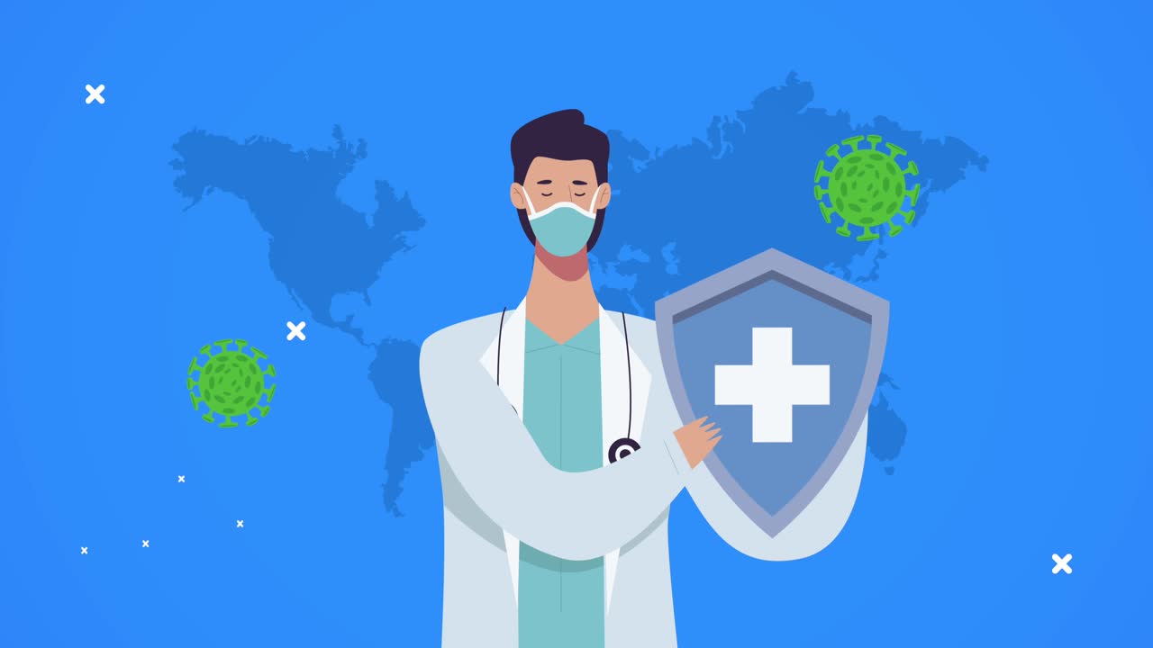 doctor professional with shield and covid19 particles in earth maps