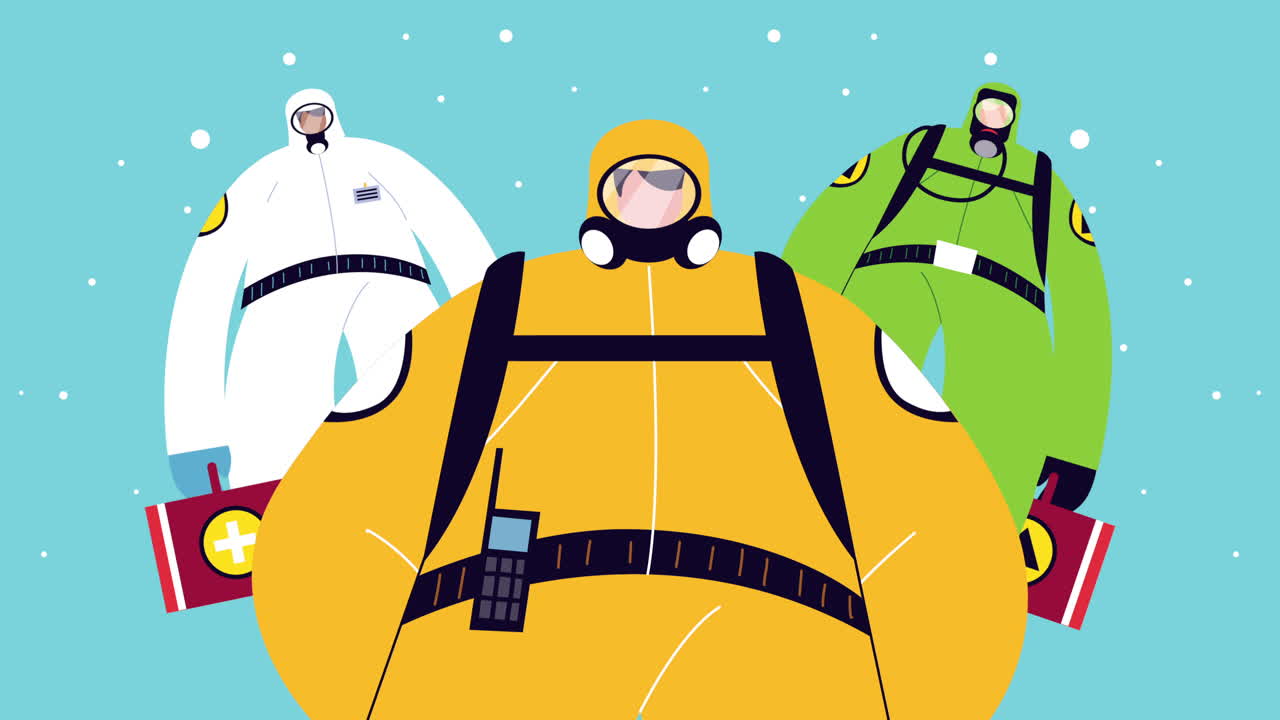 산업 노동자들은 코로나19 보호를 위해 바이오 안전복을 입고 있습니다.