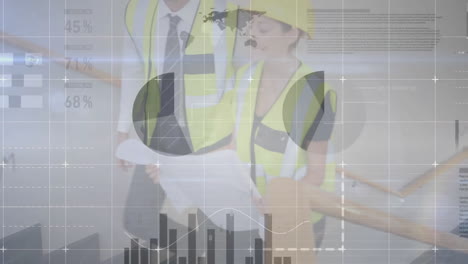 animación del procesamiento de datos financieros en diversos arquitectos y sitios de construcción