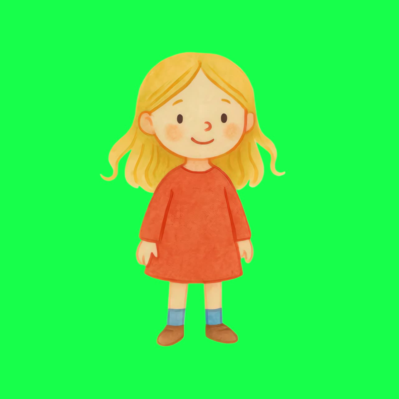 Smiling cartoon girl illustration animation, transparent 4K video, green screen