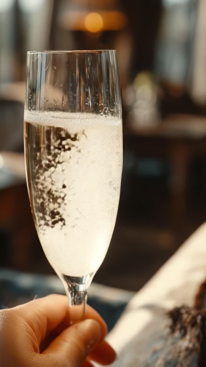Una mano che tiene un calice di champagne scintillante in un ambiente elegante, catturando l'essenza della celebrazione e dell'eleganza con bollicine e riflessi.