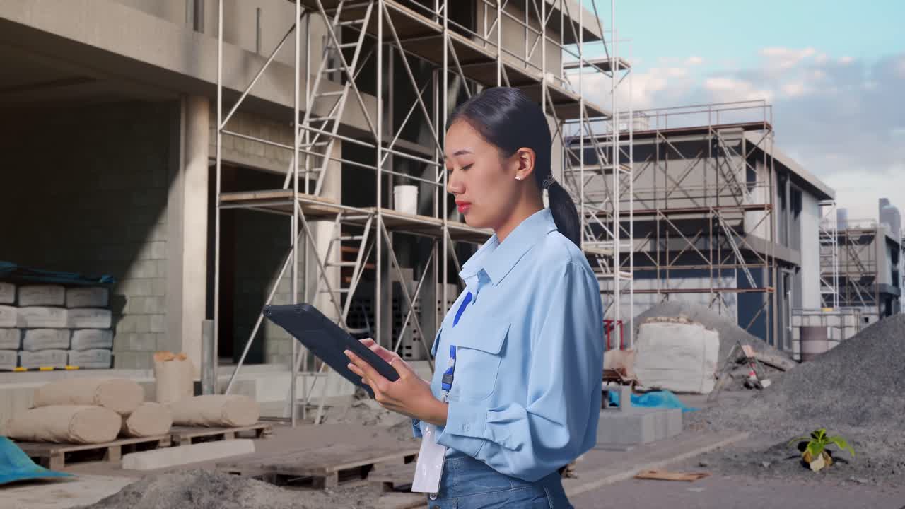 Side View Of Asian Female Professional Worker At Construction Site in Progress to New House, Observes By Looking Up Before She Come To Concentrating On The Tablet And Keep On Checking