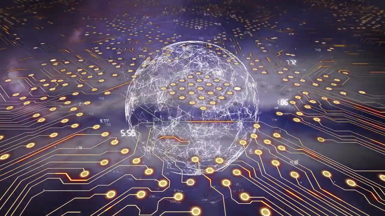 Animazione di una scheda madre di computer con un globo e elaborazione dati su sfondo nero.