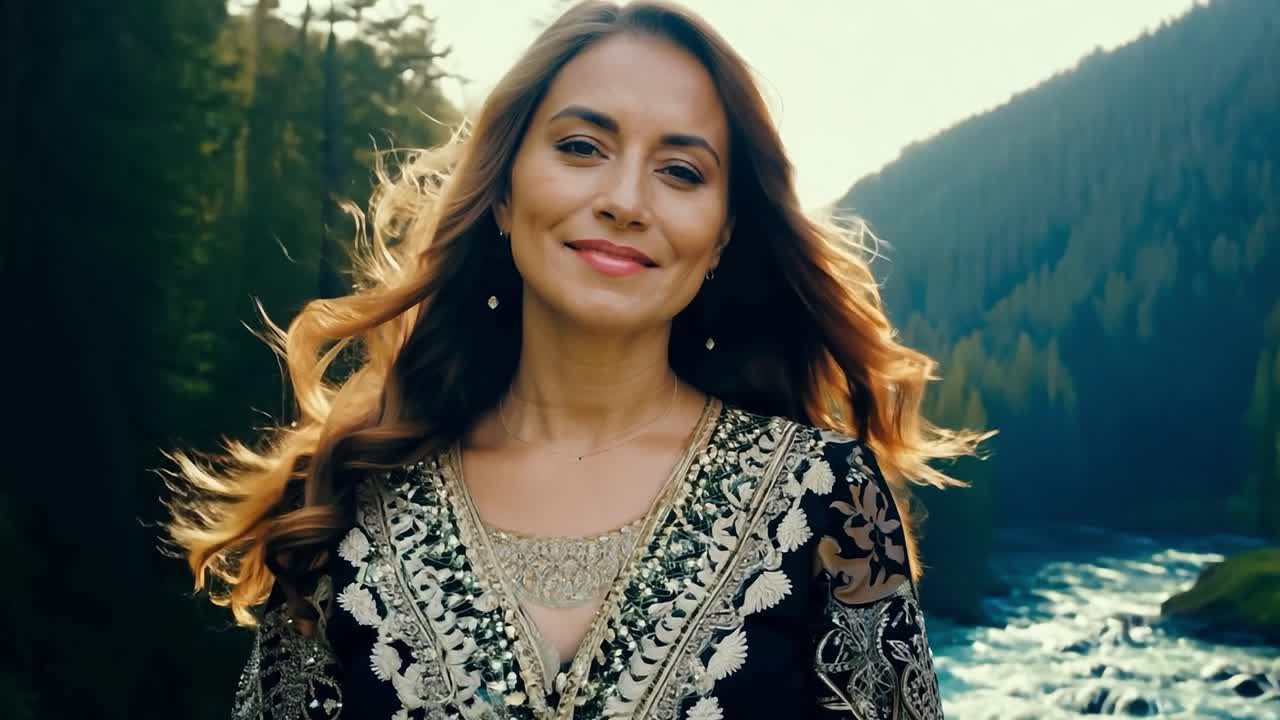 Beautiful Woman in a Dress Smiling in a Forest