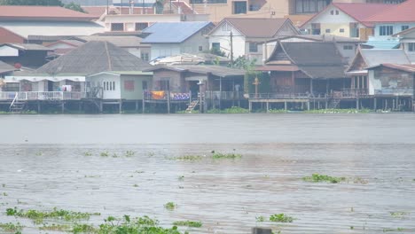 Wooden-Houses-Along-The-River-In-Thailand---wide-shot