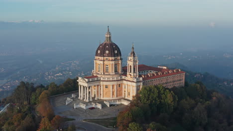 aerial forward footage of superga basilica turin italy