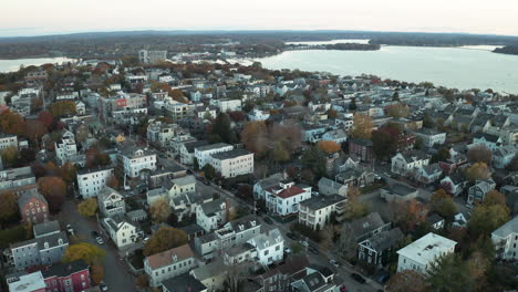Drone-shot-over-East-End-residential-neighborhood-of-Portland,-Maine
