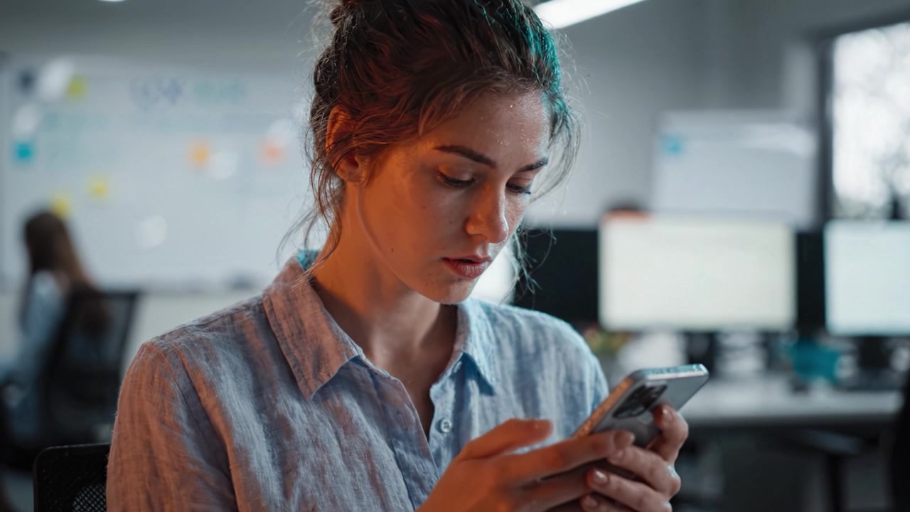 Fokuseret ung kvinde optaget af smartphone i moderne kontormiljø, der afspejler koncentration og digital kommunikation blandt teknologi og kolleger