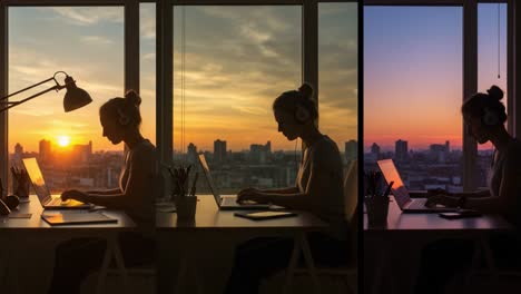 a serene evening: a person working on a laptop against the backdrop of a stunning sunset over the city skyline, capturing the transition from day to night