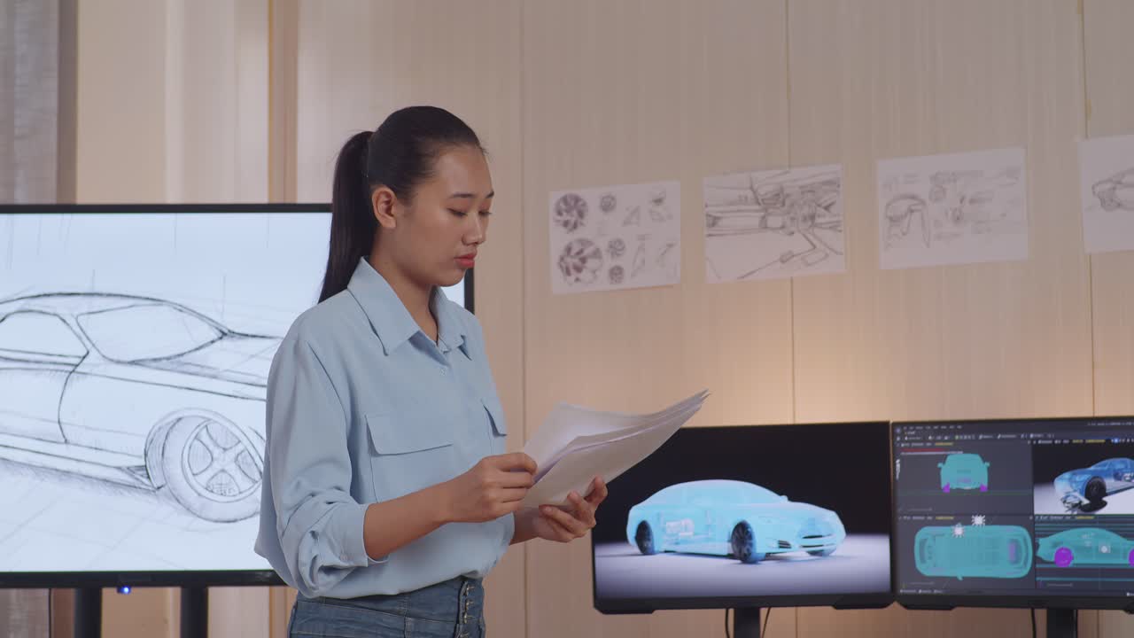 아시아 여성 자동차 디자이너가 손에 자동차 디자인 스케치 종이를 들고 자동차 점토 조각으로 스튜디오를 돌아다니고 있습니다.