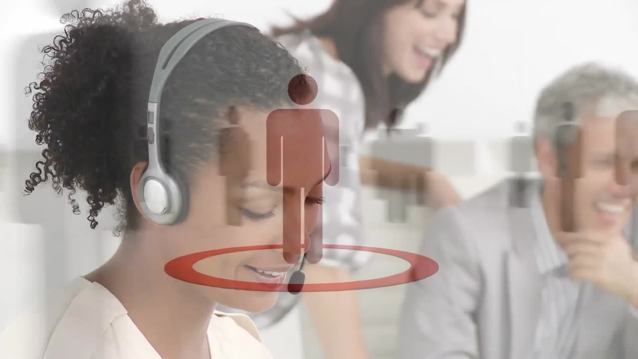 animación de la red de conexión con iconos sobre personas de negocios que usan auriculares de teléfono