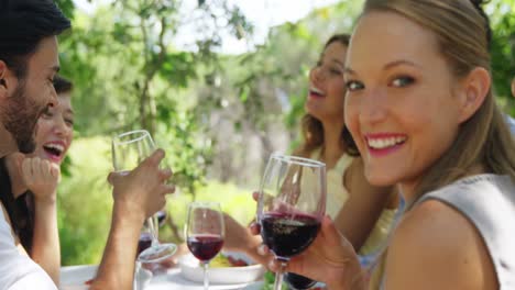 group of friends toasting red wine glasses