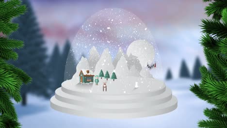 Animation-of-christmas-glass-ball-with-santa-claus-in-sleigh-with-reindeer-and-winter-landscape