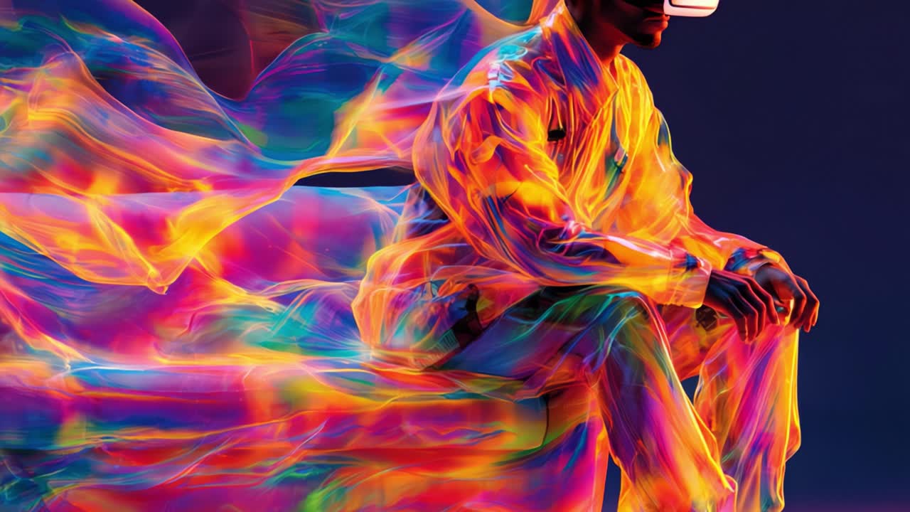 A vibrant blend of colors and technology: a figure immersed in a digital world wearing a VR headset, surrounded by flowing, colorful light that captures imagination