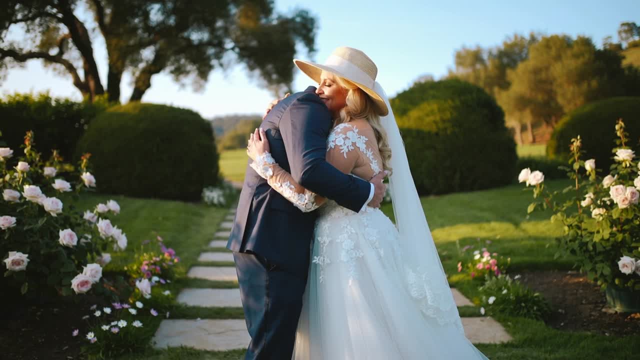 Leaning couple closing into embrace on stone path, white lace gown and navy suit after vows