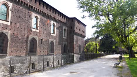 Old-medieval-Sforzesco-Castle-details,sunny-day-and-clouds,Milan-,Italy