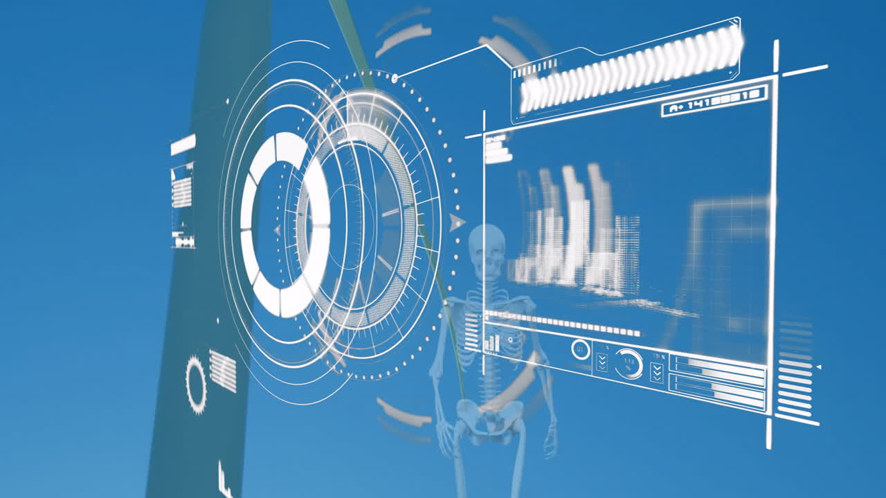 Animation of human skeleton with futuristic digital interface in school setting