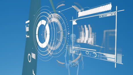 Animation of human skeleton with futuristic digital interface in school setting